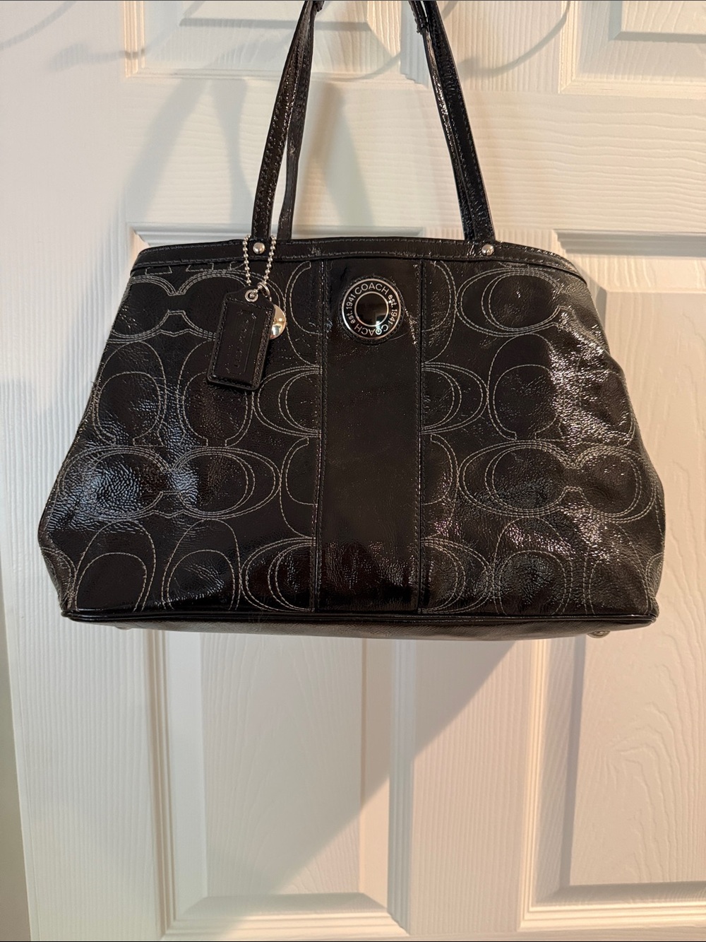 Coach Black Patent Signature Tote with Logo Charm